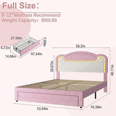Princess Bed Frame with LED Headboard & Storage Drawers - Upholstered Fabric Platform for Girls