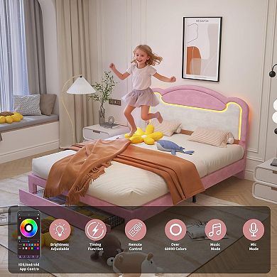 Princess Bed Frame with LED Headboard & Storage Drawers - Upholstered Fabric Platform for Girls