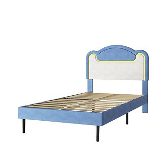 Princess Bed Frame with LED Headboard & Storage Drawers - Upholstered Fabric Platform for Girls