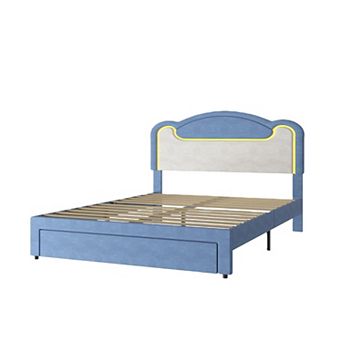 Princess Bed Frame with LED Headboard & Storage Drawers - Upholstered Fabric Platform for Girls