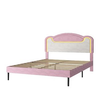 Princess Bed Frame with LED Headboard & Storage Drawers - Upholstered Fabric Platform for Girls