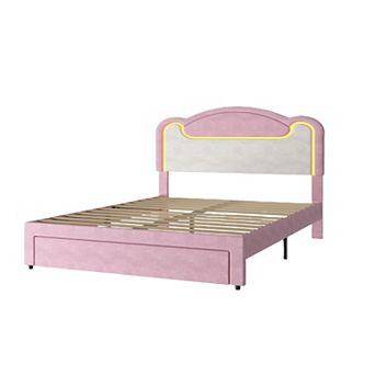 Princess Bed Frame with LED Headboard & Storage Drawers - Upholstered Fabric Platform for Girls