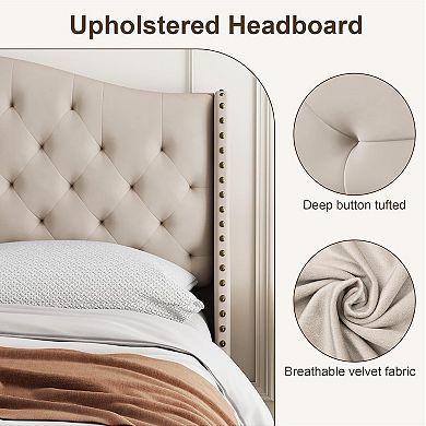 Queen Upholstered Platform Bed Frame - Linen with Tufted Headboard, Wooden Slat Support