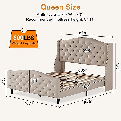 Queen Upholstered Platform Bed Frame - Linen with Tufted Headboard, Wooden Slat Support