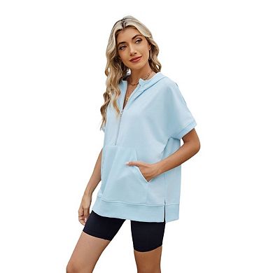 Womens Oversized Hoodies Half Zip Short Sleeve Sweatshirts Loose Casual Pullover Summer Tops Blouse