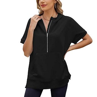 Womens Oversized Hoodies Half Zip Short Sleeve Sweatshirts Loose Casual Pullover Summer Tops Blouse