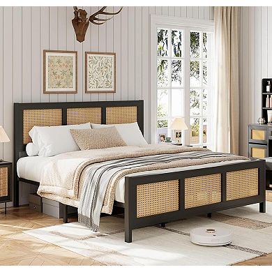 Rattan Bed Frame with Headboard, Sturdy Metal Slat Support, Noise-Free Design, No Box Spring Needed