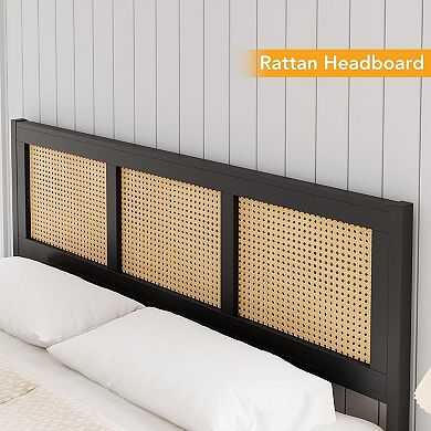 Rattan Bed Frame with Headboard, Sturdy Metal Slat Support, Noise-Free Design, No Box Spring Needed