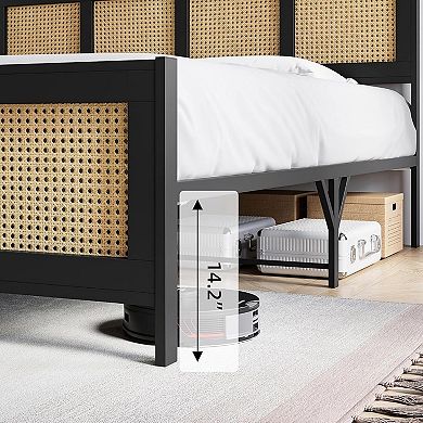 Rattan Bed Frame with Headboard, Sturdy Metal Slat Support, Noise-Free Design, No Box Spring Needed