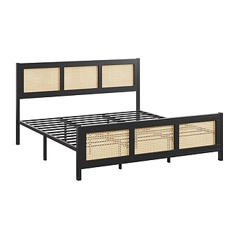 Rattan Bed Frame with Headboard, Sturdy Metal Slat Support, Noise-Free Design, No Box Spring Needed