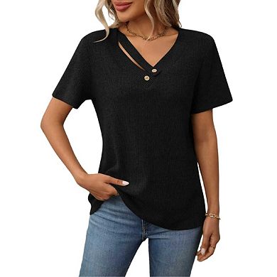 Womens Short Sleeve V Neck T Shirts Casual Basic Ribbed Knit Work Tops