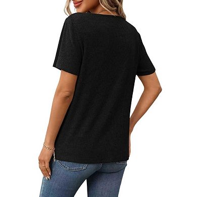 Womens Short Sleeve V Neck T Shirts Casual Basic Ribbed Knit Work Tops
