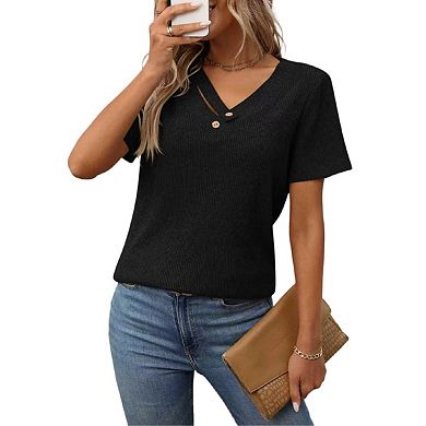 Womens Short Sleeve V Neck T Shirts Casual Basic Ribbed Knit Work Tops