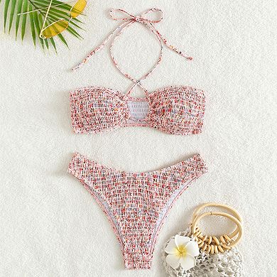 Women's Smocked Bandeau Bikini Set Halter Strappy Two Piece Swimsuit with High Cut Bottoms Beach