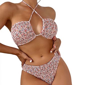 Women's Smocked Bandeau Bikini Set Halter Strappy Two Piece Swimsuit with High Cut Bottoms Beach