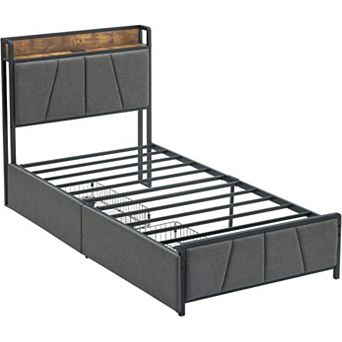 Modern Rustic Velvet Upholstered Platform Bed Frame with Storage Headboard, Drawers & Charging