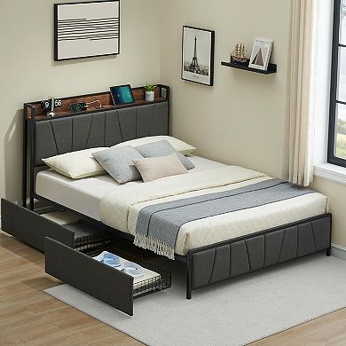 Modern Rustic Velvet Upholstered Platform Bed Frame with Storage Headboard, Drawers & Charging