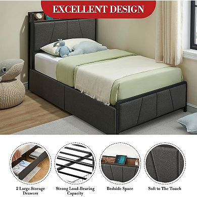 Modern Rustic Velvet Upholstered Platform Bed Frame with Storage Headboard, Drawers & Charging