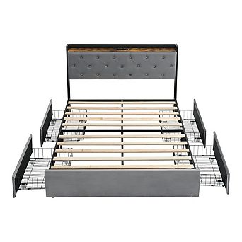 Upholstered Bed Frame with Charging Station & 4 Storage Drawers, Headboard, Wooden Slats