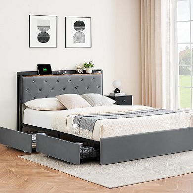 Upholstered Bed Frame with Charging Station & 4 Storage Drawers, Headboard, Wooden Slats