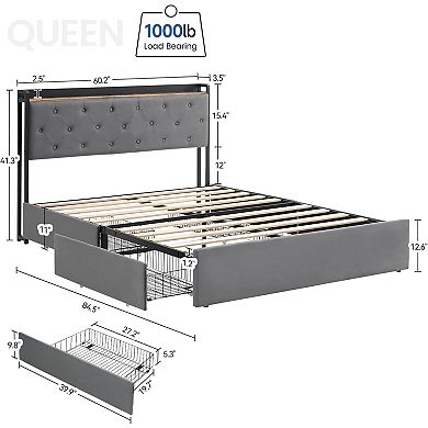 Upholstered Bed Frame with Charging Station & 4 Storage Drawers, Headboard, Wooden Slats