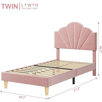 Velvet Upholstered Platform Bed Frame with Shell Adjustable Headboard, Wood Slat Support, Noise-Free