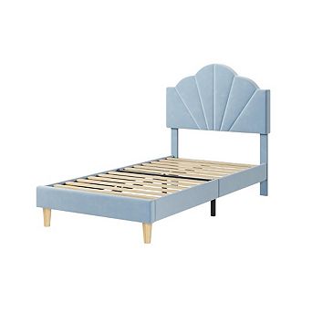 Velvet Upholstered Platform Bed Frame with Shell Adjustable Headboard, Wood Slat Support, Noise-Free