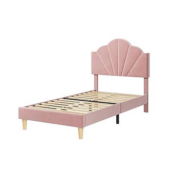 Velvet Upholstered Platform Bed Frame with Shell Adjustable Headboard, Wood Slat Support, Noise-Free