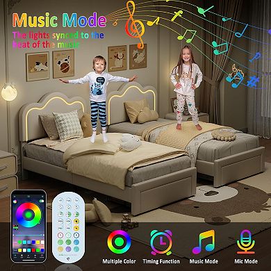 Velvet Twin Princess Bed Frame with Smart LED - Adjustable Bear Headboard, No Box Spring