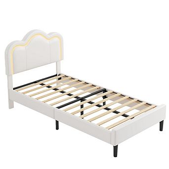 Velvet Twin Princess Bed Frame with Smart LED - Adjustable Bear Headboard, No Box Spring