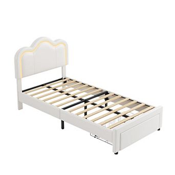 Velvet Twin Princess Bed Frame with Smart LED - Adjustable Bear Headboard, No Box Spring