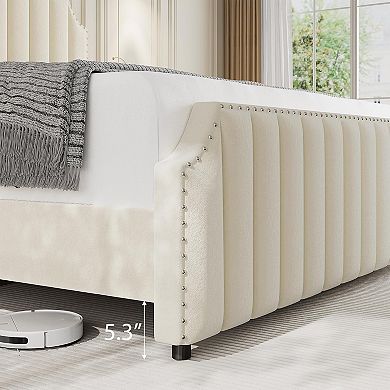 50.2" Tall Velvet Bed Frame - Upholstered Platform with Nailhead Trim, Solid Wooden Slats