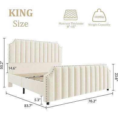 50.2" Tall Velvet Bed Frame - Upholstered Platform with Nailhead Trim, Solid Wooden Slats