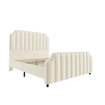 50.2" Tall Velvet Bed Frame - Upholstered Platform with Nailhead Trim, Solid Wooden Slats