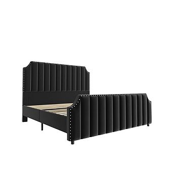 50.2" Tall Velvet Bed Frame - Upholstered Platform with Nailhead Trim, Solid Wooden Slats