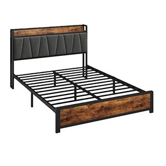 Vintage Brown Linen Upholstered Platform Bed Frame with 4 Drawers, Charging Station, No Box Spring