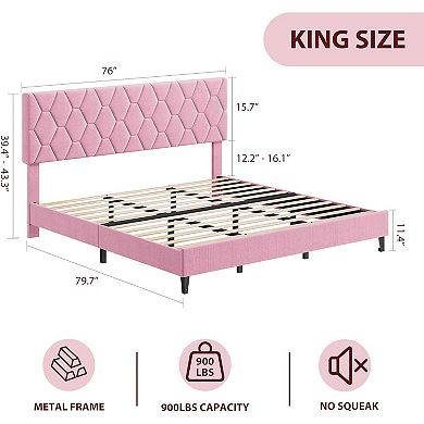 Linen Upholstered Platform Bed Frame - Adjustable Headboard, Wood Slat & Metal Support, Noise-Free