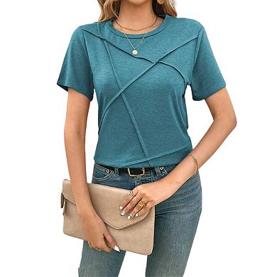 Womens Summer Tops Pleated Round Neck Short Sleeve Casual Basic Business T Shirts