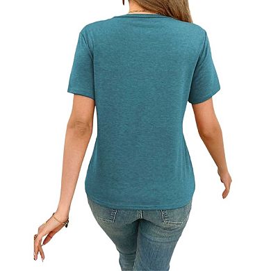 Womens Summer Tops Pleated Round Neck Short Sleeve Casual Basic Business T Shirts