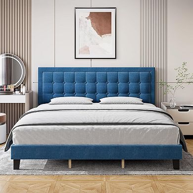 Upholstered Low Platform Bed Frame with Tufted Headboard - Wooden Slat Support, No Box Spring