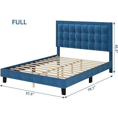 Upholstered Low Platform Bed Frame with Tufted Headboard - Wooden Slat Support, No Box Spring