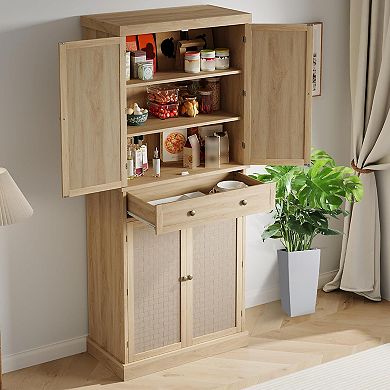 ANIXOL 72 Inch Rattan Door Kitchen Pantry Cabinet