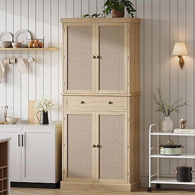 ANIXOL 72 Inch Rattan Door Kitchen Pantry Cabinet
