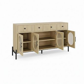 ANIXOL 62" Sideboard Cabinet with 4 Glass Doors and 3 Drawers, Natural Wood