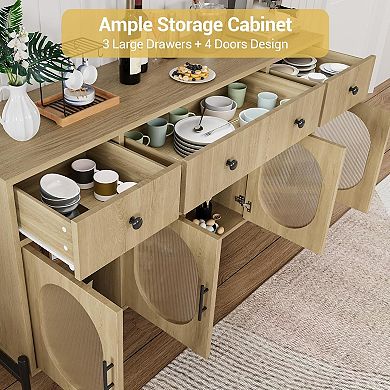 ANIXOL 62" Sideboard Cabinet with 4 Glass Doors and 3 Drawers, Natural Wood