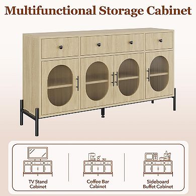 ANIXOL 62" Sideboard Cabinet with 4 Glass Doors and 3 Drawers, Natural Wood