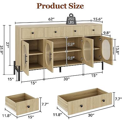 ANIXOL 62" Sideboard Cabinet with 4 Glass Doors and 3 Drawers, Natural Wood