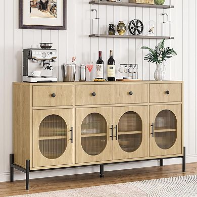 ANIXOL 62" Sideboard Cabinet with 4 Glass Doors and 3 Drawers, Natural Wood