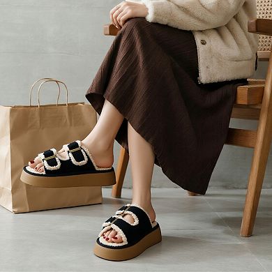 Women’s Plush Lined Double Buckle Platform Slide Sandals