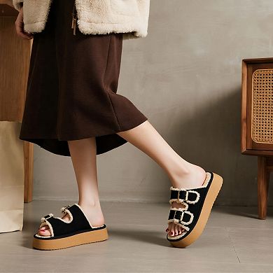 Women’s Plush Lined Double Buckle Platform Slide Sandals